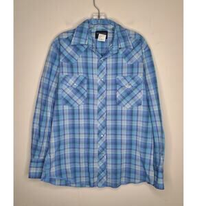 Wrangler Western blue white plaid pearl snap long sleeve shirt - medium